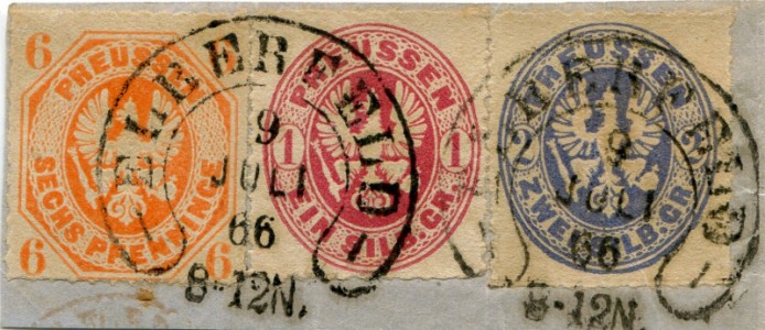 Briefmarke Preußen, Michel 15 a, 16 a, 17 a, 6 Pf Adler im Achteck, 1 und 2 Sgr Adler im Oval