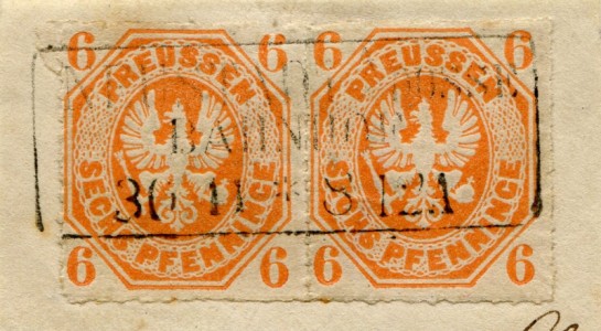 Briefmarke Preußen, Michel 15 a, Paar 6 Pf Adler im Achteck