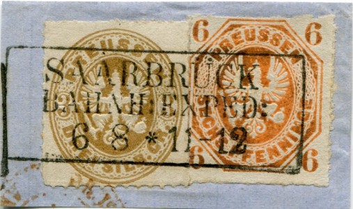 Briefmarke Preußen, Michel 15 a, 18 a, 6 Pf Adler im Achteck, 3 Sgr Adler im Oval
