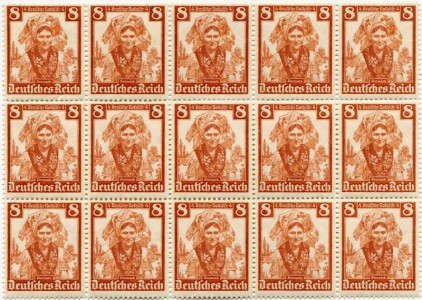 Briefmarke Deutsches Reich, Michel 592, 8+ 4 (Pf) Deutsche Nothilfe, Volkstrachten, Kurmark (Niederlausitz), HeinersbrÃ¼ck im Spreewald
