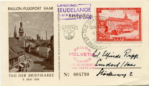 Briefmarke Saarland, Michel 349, 15 Fr Tag der Briefmarke 1954 als Ballon-Flugpost