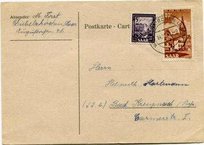Briefmarke Saarland, Michel 276, 296, Mischfrankatur 5 Fr Freimarke Saar IV und 10 Fr 400 Jahre Stadt Ottweiler