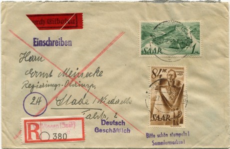 Briefmarke Saarland, Michel 224, 225, Mischfrankatur 84 Pf und 1 M Freimarken Saar I