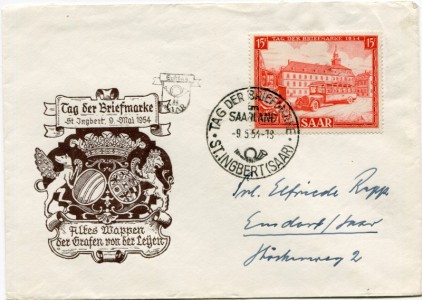 Briefmarke Saarland, Michel 349, 15 Fr Tag der Briefmarke 1954