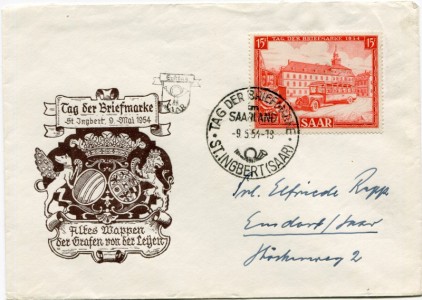 Briefmarke Saarland, Michel 349, 15 Fr Tag der Briefmarke 1954