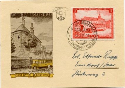 Briefmarke Saarland, Michel 349, 15 Fr Tag der Briefmarke 1954