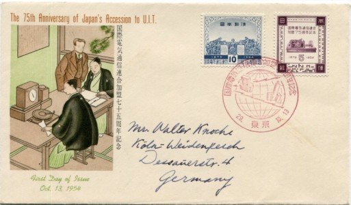 Briefmarke Japan, Michel 636-637, 75 Jahre Mitgliedschaft in der Internationalen Fernmeldeunion / The 75th anniversary of Japan's accession to U.I.T.